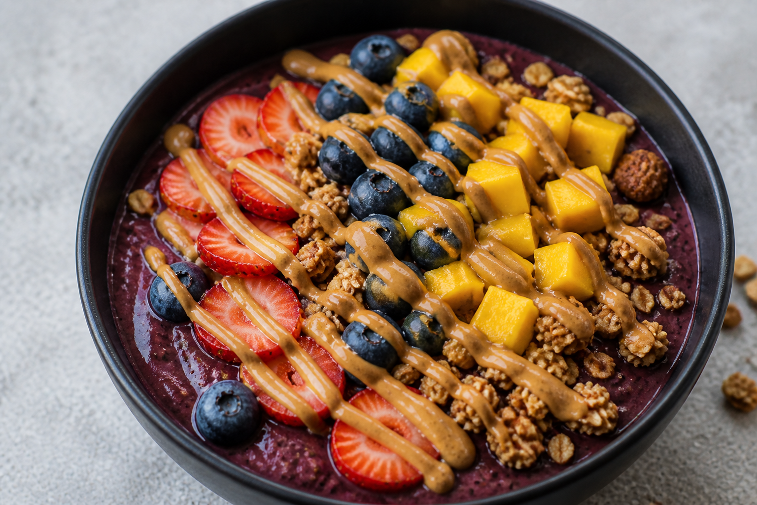 Berry Power — açaí con fresa, arándanos, mango, muesli y peanut butter