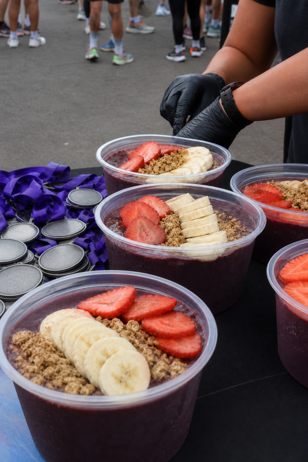 Stand de comida saludable en carrera popular — comida para corredores