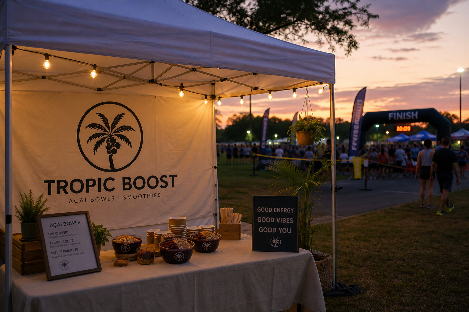 Carpa Tropic Boost en evento outdoor al atardecer
