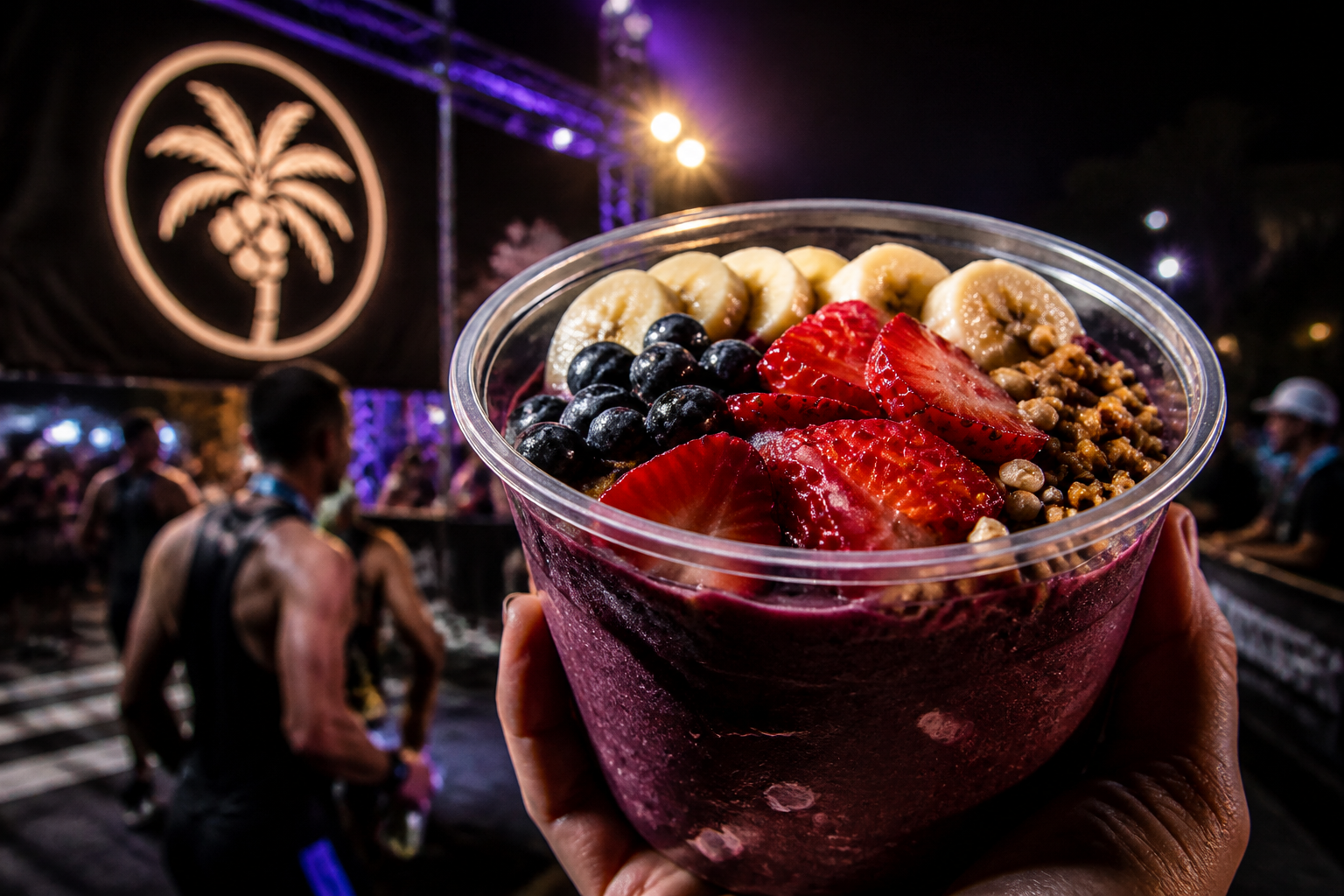 Bowl de açaí Tropic Boost en un evento deportivo — nutrición y recuperación para atletas