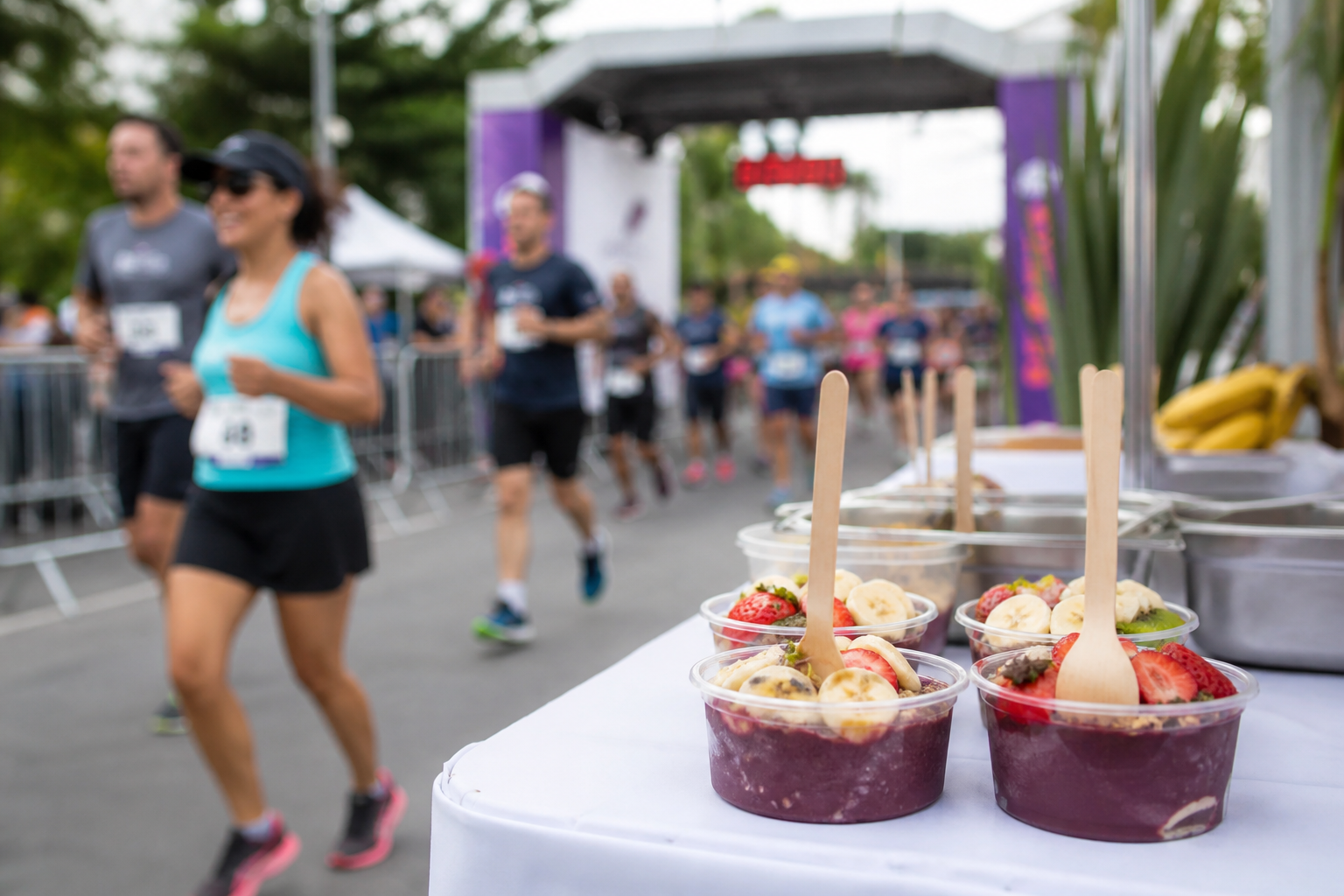 Stand de açaí Tropic Boost — catering saludable en eventos deportivos
